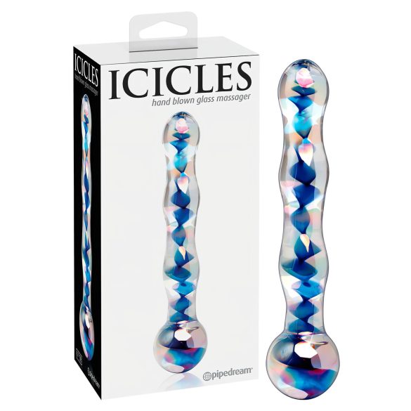 Icicles Nr. 08 - banguotas dvipusis stiklinis dildo (skaidrus-mėlynas)