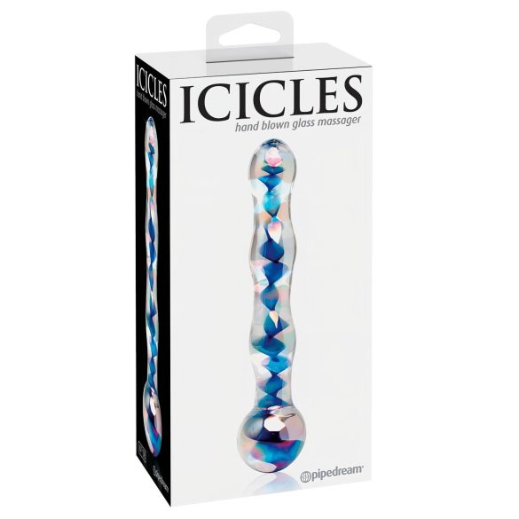 Icicles Nr. 08 - banguotas dvipusis stiklinis dildo (skaidrus-mėlynas)