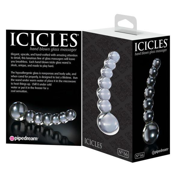 Icicles No. 66 - stiklinis dildo - išlenktas, su rutuliukais - permatomas