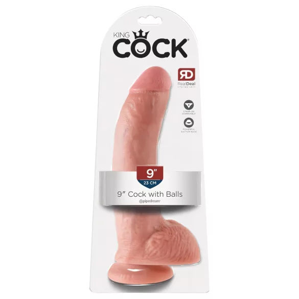 King Cock 9 - didelis dildo su sėklidėmis ir stipria siurbtuko pagrindu (23 cm, kūno spalvos)