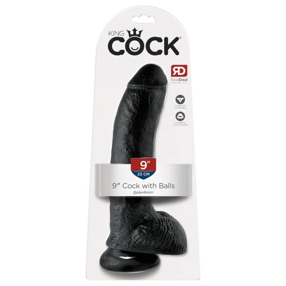 King Cock 9 - didelis juodas dildo su siurbtuku ir prisiūtais papildymais (23 cm)