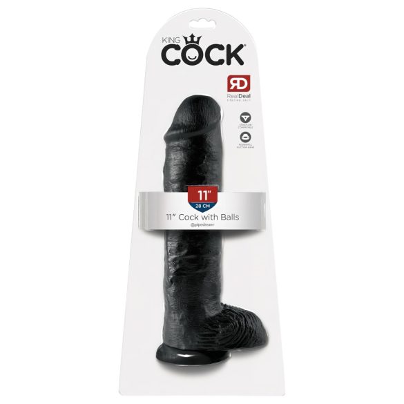 King Cock 11 - juodas didelis, prisisiurbiantis dildo su sėklidėmis (28cm)