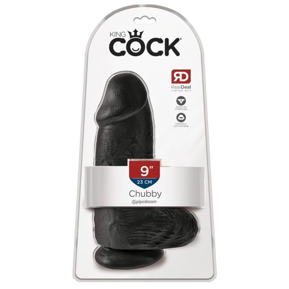 King Cock 9 Chubby - juodos spalvos, sėklidės turintis dildo su siurbtuku (23 cm)