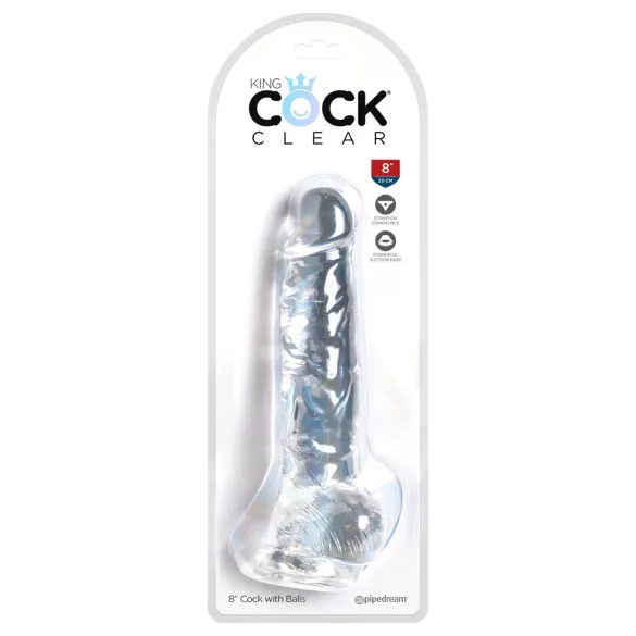 King Cock Clear 8 - dildo su sėklidėmis ir siurbtuku - permatomas 20 cm