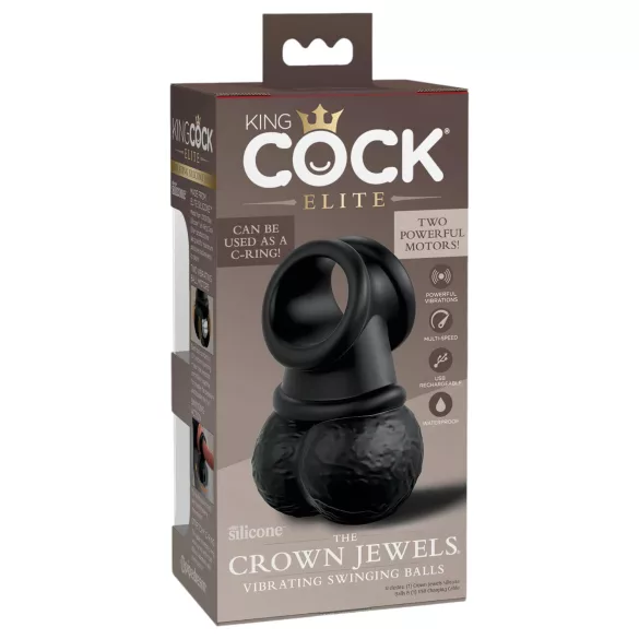 King Cock Crown Jewels - juodas vibruojantis penio žiedas