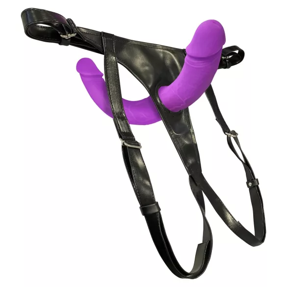 SMILE - dvigubas prisegamas dildo su kelnaitėmis - violetinė/juoda