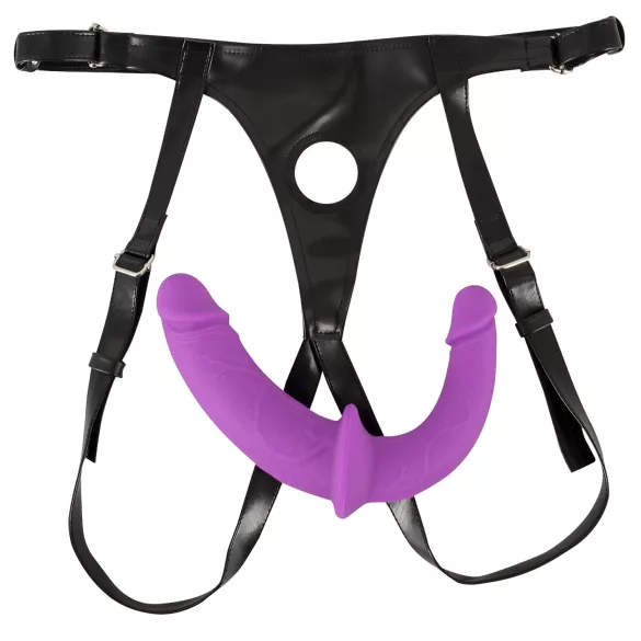 SMILE - dvigubas prisegamas dildo su kelnaitėmis - violetinė/juoda