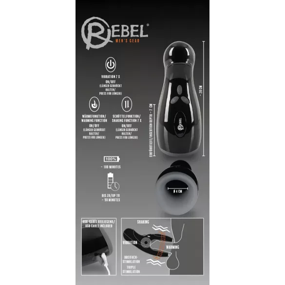 Rebel - vibruojantis automatinis masturbatorius su šildymu - juodas
