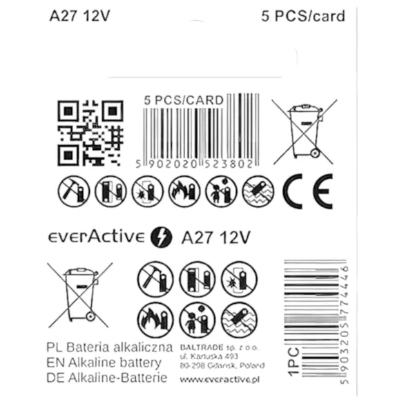 12 V elementas (27A, MN27) nuotolinio valdymo pultui (1 vnt.)