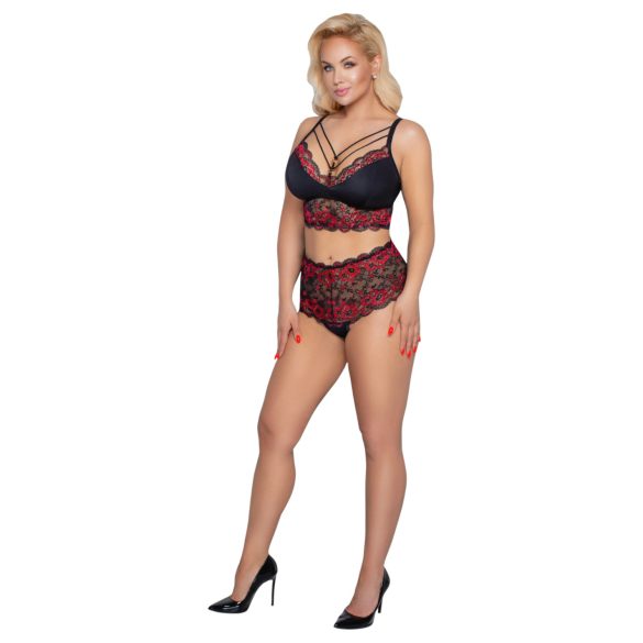 Cottelli Curvies - gėlių nėrinių apatinių komplektas (juodas) - 2XL