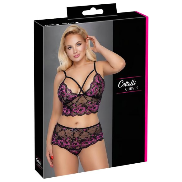 Cottelli Plus Size - gėlių liemenėlės komplektas (juoda-violetinė)