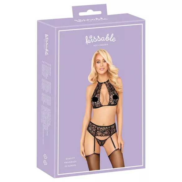 Bučiuoti tinkamas nėriniuotas liemenėlės komplektas su juostele (juodas) - L/XL