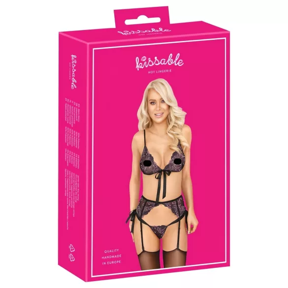 Bučiuojamas - rožinis-violetinis siuvinėtas liemenėlių komplektas (juodas) - L/XL