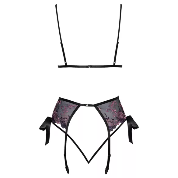 Bučiuojamas - rožinis-violetinis siuvinėtas liemenėlių komplektas (juodas) - L/XL