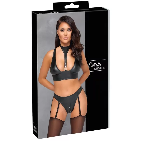 Cottelli Bondage - blizgantis liemenėlių komplektas su antrankiais (juodas)