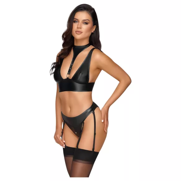 Cottelli Bondage - blizgantis liemenėlių komplektas su antrankiais (juodas)