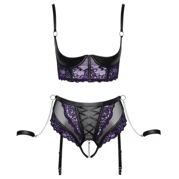 Cottelli Bondage - liemenėlės rinkinys ir rankų antrankiai (juoda-violetinė)