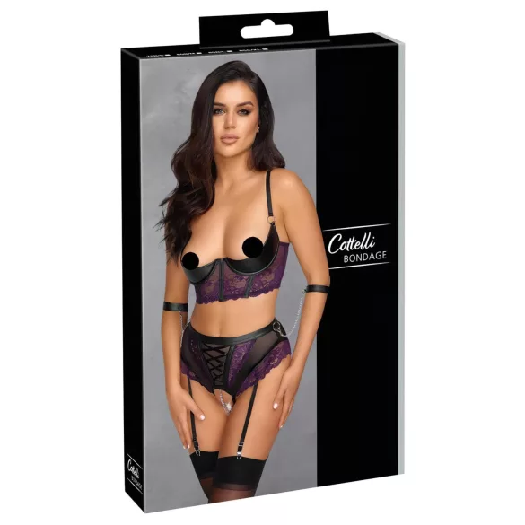 Cottelli Bondage - liemenėlės rinkinys ir rankų antrankiai (juoda-violetinė)