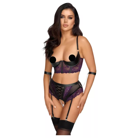 Cottelli Bondage - liemenėlės rinkinys ir rankų antrankiai (juoda-violetinė) - XL