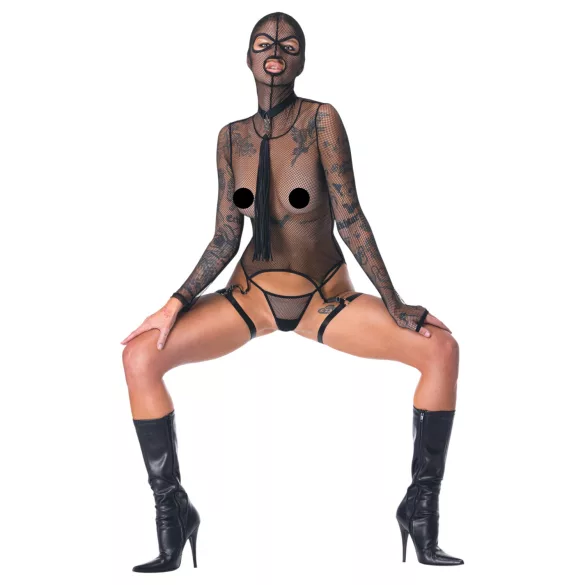 Bad Kitty - BDSM permatomas tinklinis rinkinys su botagu (juodas) - M
