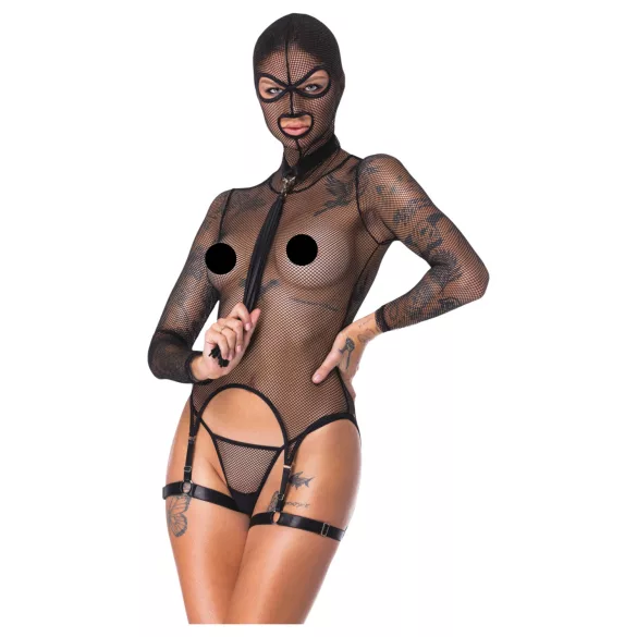 Bad Kitty - BDSM permatomas tinklinis rinkinys su botagu (juodas) - M
