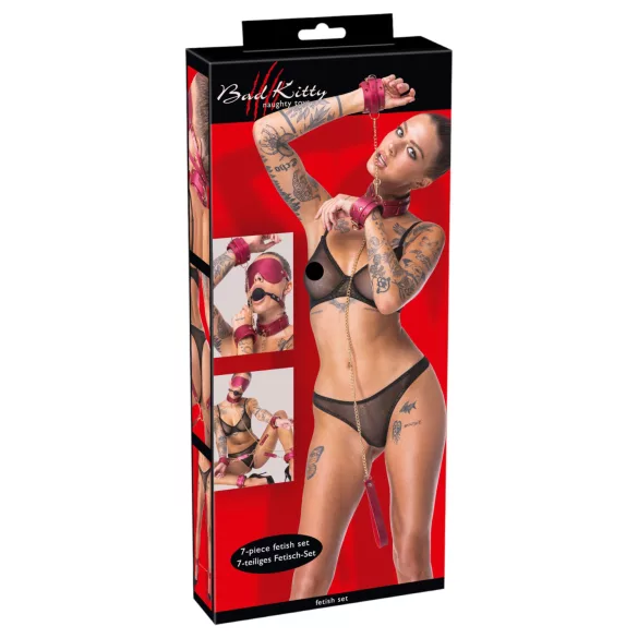 Bad Kitty - bondage rinkinys - 7 dalių - raudonas