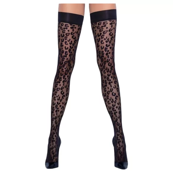 Cottelli Legwear - raštuotos kojinės su nėriniais - juodos, leopardinis raštas