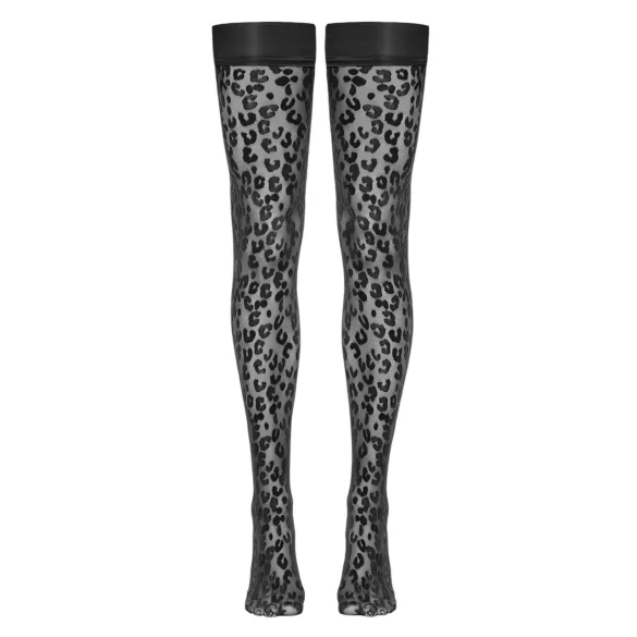 Cottelli Legwear - raštuotos kojinės su nėriniais - juodos, leopardinis raštas - 3