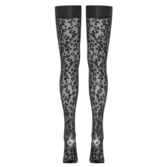 Cottelli Legwear - raštuotos kojinės su nėriniais - juodos, leopardinis raštas - 4