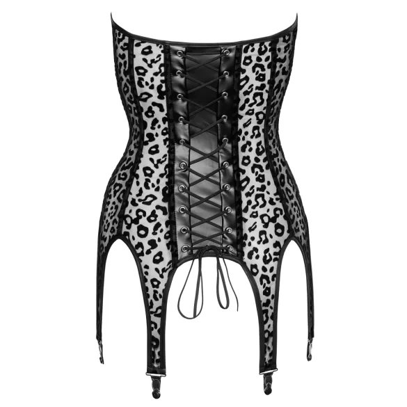 Noir - moteriškas korsetas su prisegamomis kojinėmis - juoda, leopardo raštas - M
