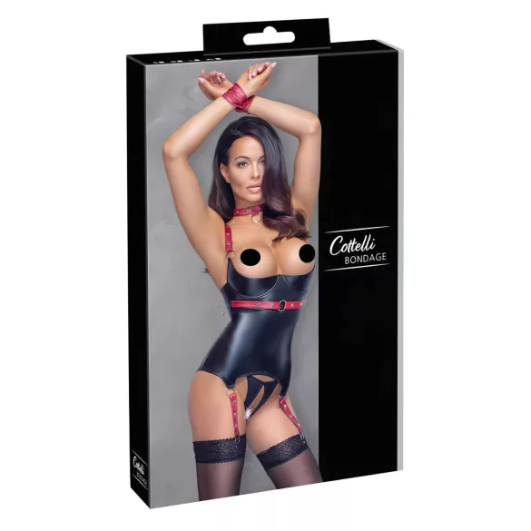 Cottelli Bondage - blizgi liemenėlė atvira krūtine su antkakliu - juoda - L