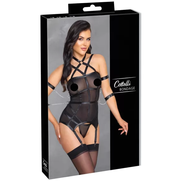 Cottelli Bondage - diržinė liemenėlė, rankų antrankiai ir stringai (juoda)