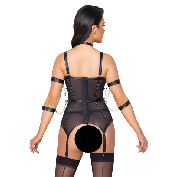 Cottelli Bondage - diržinė liemenėlė, rankų antrankiai ir stringai (juoda) - M