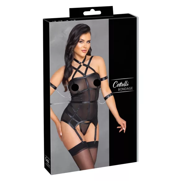 Cottelli Bondage - diržinė liemenėlė, rankų antrankiai ir stringai (juoda) - L