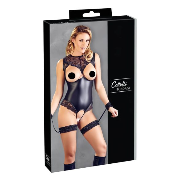 Cottelli Bondage - blizgančios atviros glaustinukės ir rankų antrankiai (juodi)