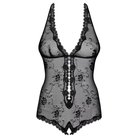 Obsessive Fiorenta - atvira nėriniuota bodis su perlais - juoda - L/XL
