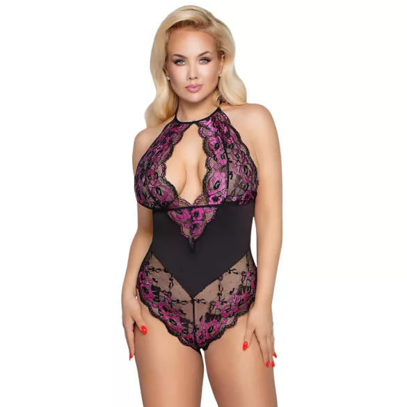 Cottelli Plus Size - kūno kostiumas - gėlėtas raštas - juoda/violetinė - 3XL