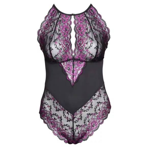 Cottelli Plus Size - kūno kostiumas - gėlėtas raštas - juoda/violetinė - 3XL
