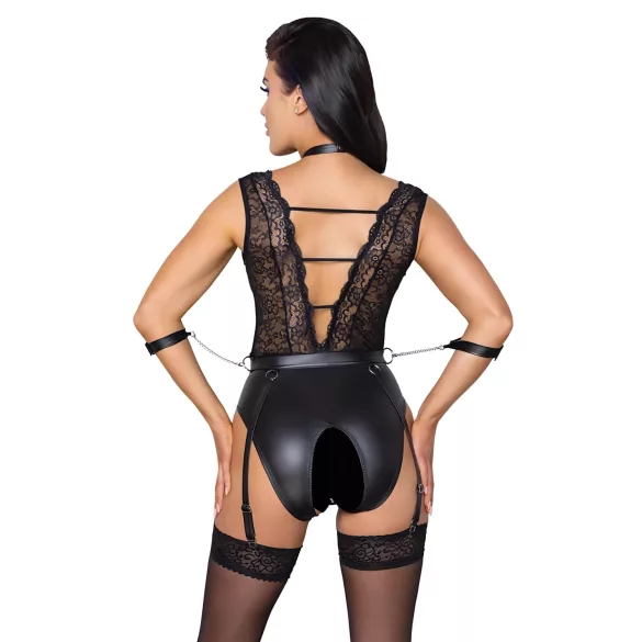 Cottelli Bondage - moteriškas nėriniuotas body su apykakle - juodas