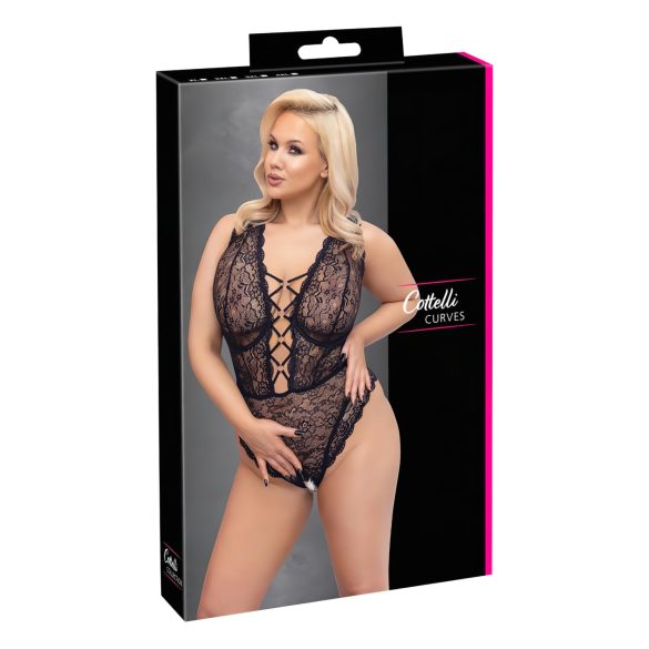 Cottelli Curves Plus Size - permatomas raštuotas bodis (juoda)