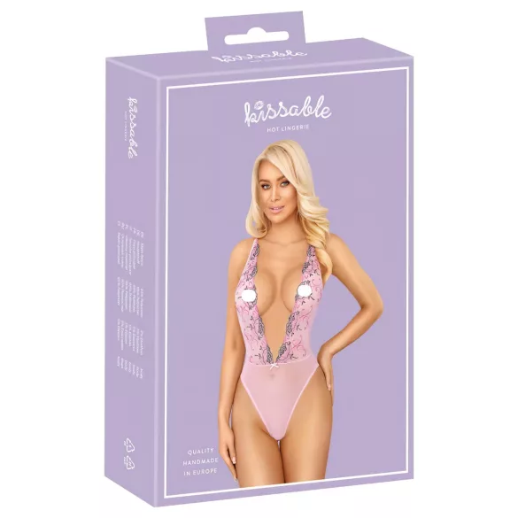Kissable - moteriškas bodis su rožių siuvinėjimu - rožinis - L/XL