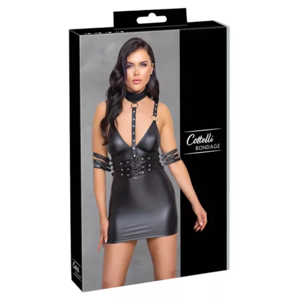 Cottelli Bondage - blizgi mini suknelė su apykakle - juoda