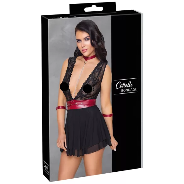 Cottelli Bondage - nėriniuota juoda babydoll su dirželiu - L