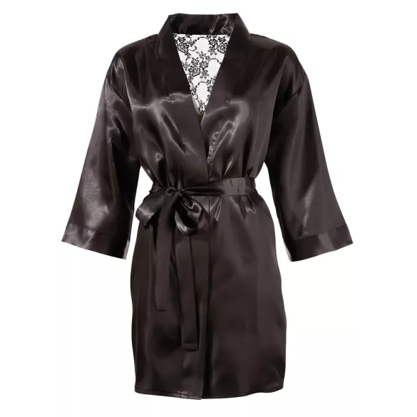 Cottelli - satininis chalatas su nėriniais - juodas, trumpas - L/XL