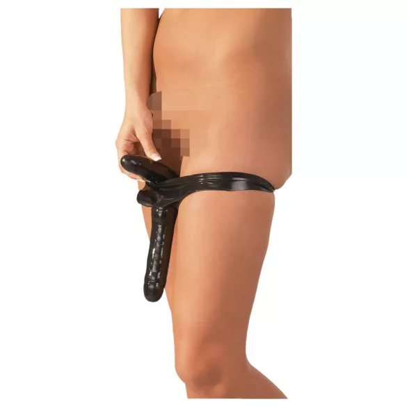 LATEX - apatiniai su išoriniu ir vidiniu dildo - juodi (S-L)