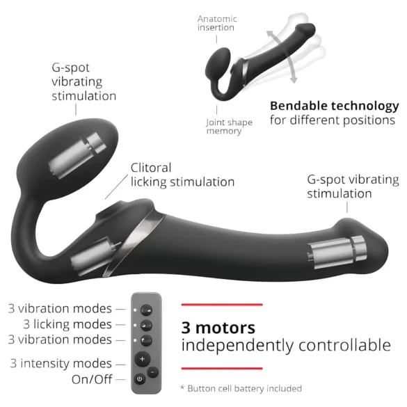 Strap-on-me - prisegamas vibratorius su oro bangų funkcija - juodas, M dydis