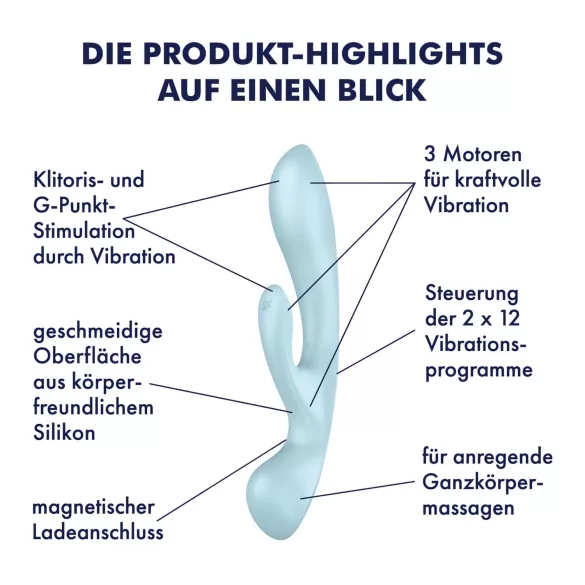 Satisfyer Triple Oh - vibratorius su klitorio atšaka - įkraunamas - mėlynas