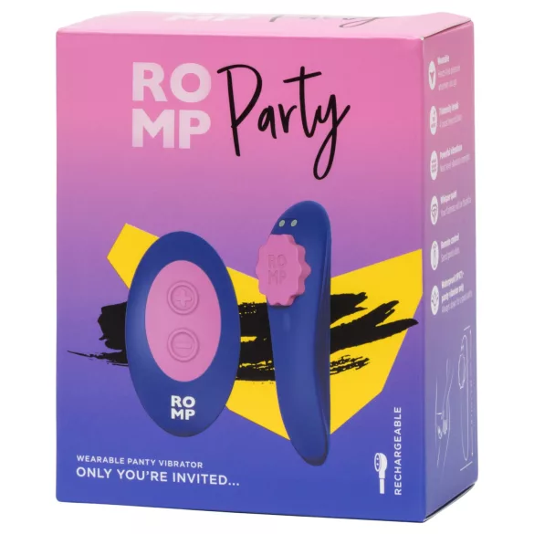 ROMP Party - nešiojamas vibruojantis kelnaičių vibratorius su nuotolinio valdymo pulteliu (violetinis)