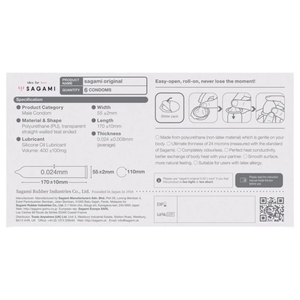 Sagami Original 0.02 - prezervatyvai - 55 mm - 6 vnt