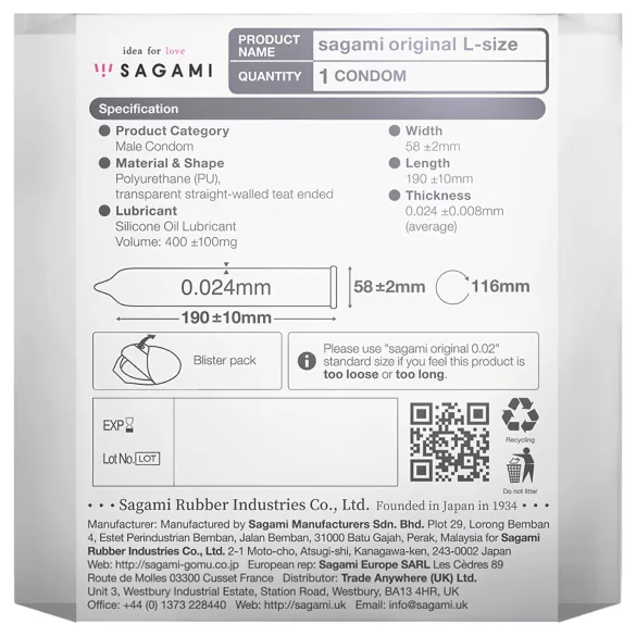 Sagami Original 0,02 L - prezervatyvas - 58mm - 1 vnt